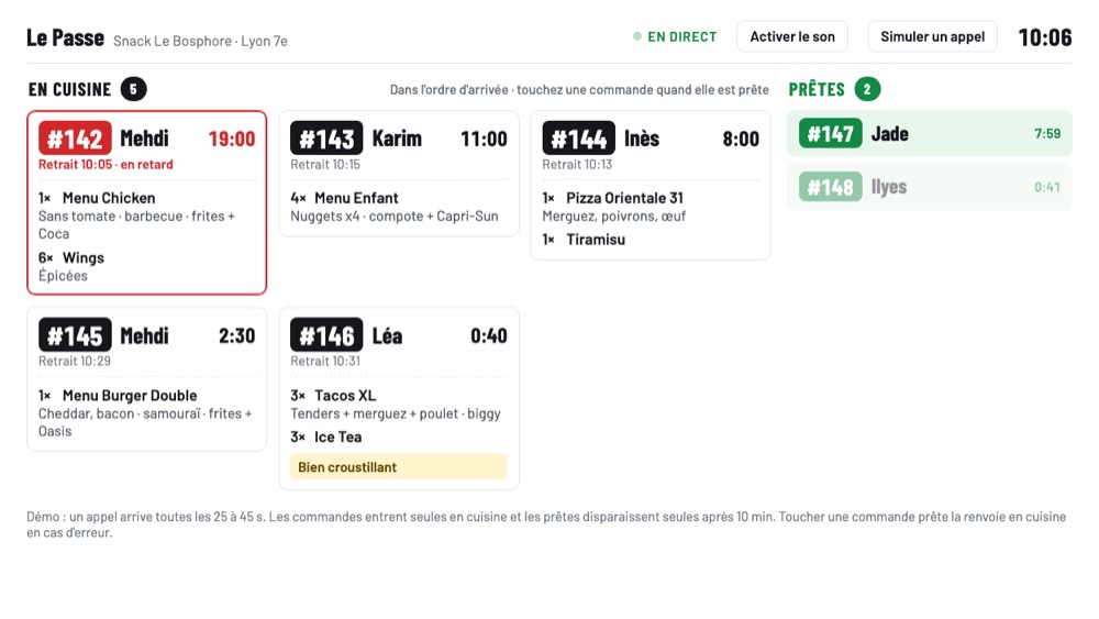 Dashboard cuisine « Le Passe » : commandes prises par l'agent vocal, affichées en temps réel