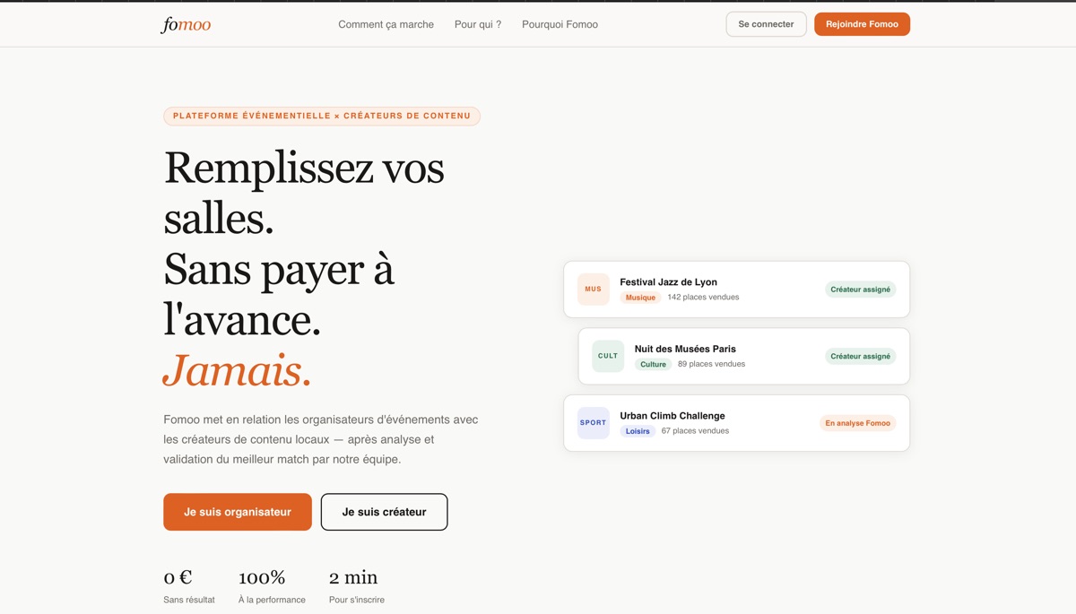 Interface du MVP Fomoo présenté au hackathon