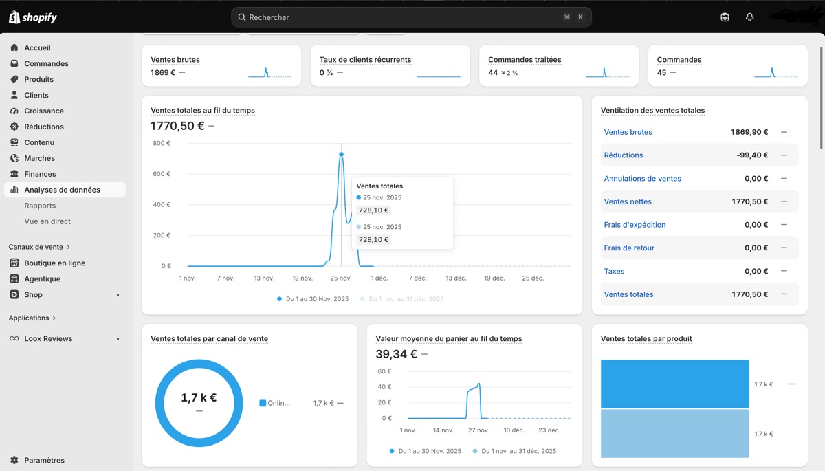 Tableau de bord Shopify du projet, chiffre d'affaires et commandes